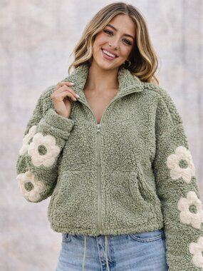 Crave Fame Sage Sherpa Jacket Floral Sleeve Cozy Zip Small Cottagecore